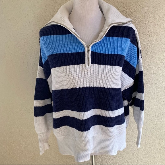 Aerie Beyond Quarter Zip Sweater Blue White Striped Chunky Knit Pullover: Medium - Picture 2 of 10